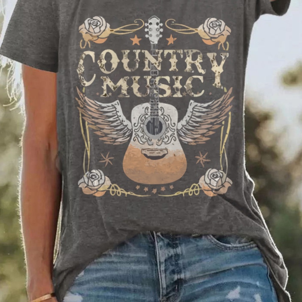 B037 Gray “Country Music” Guitar Graphic Print Creo Neck T Shirt - Picture 2 of 3